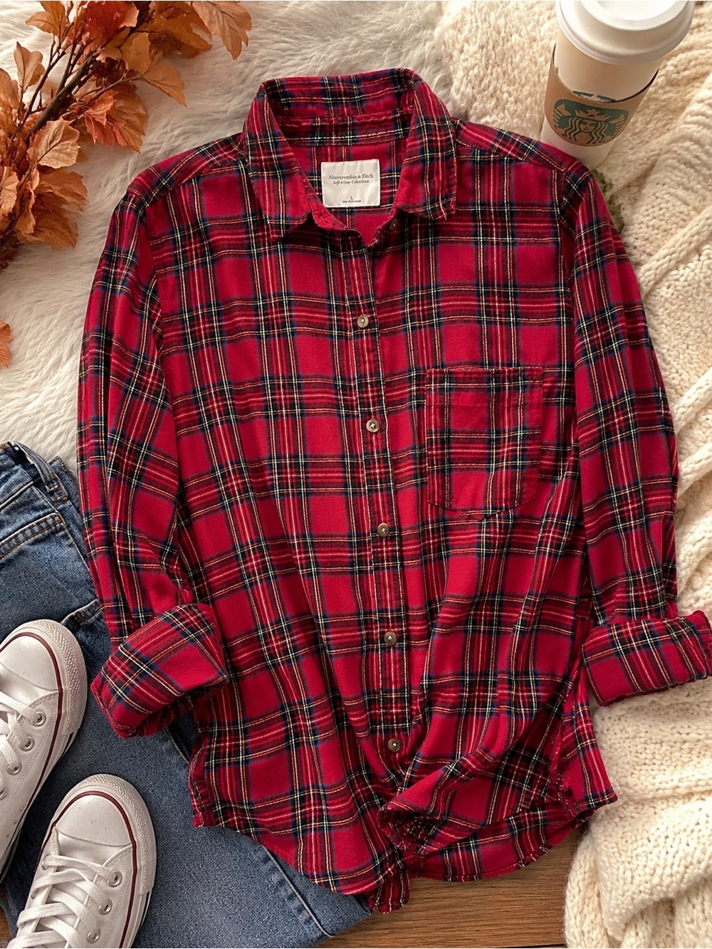 Abercrombie & Fitch Plaid Button Front Shirt Large Red Navy Soft Preppy Classic